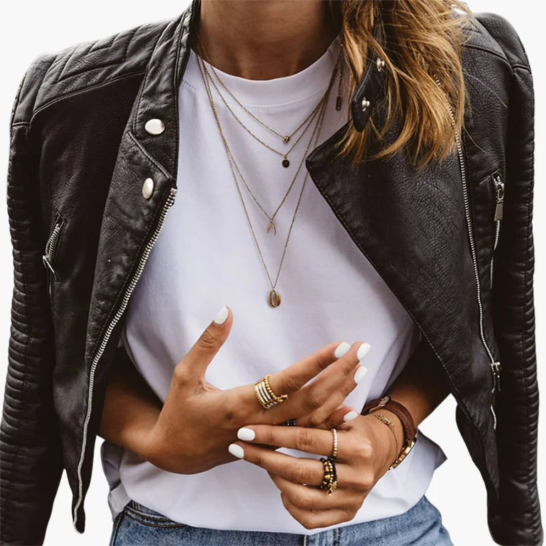Rhosyn | Women's Leather Pocket Notch-Collar Snap-Front Jacket
