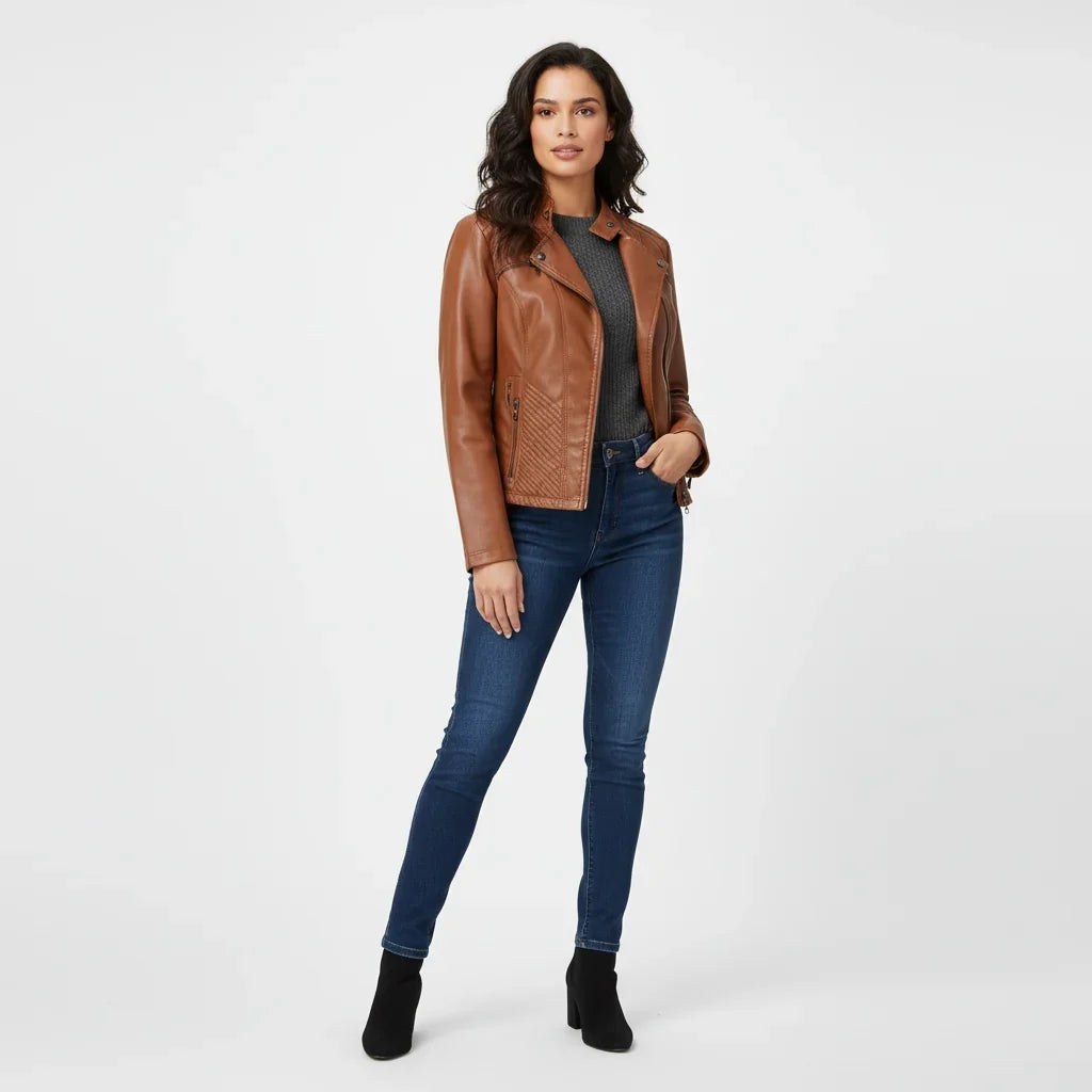 Philomene | Women's Leather Pocket Stand-Collar Zip-Front Jacket