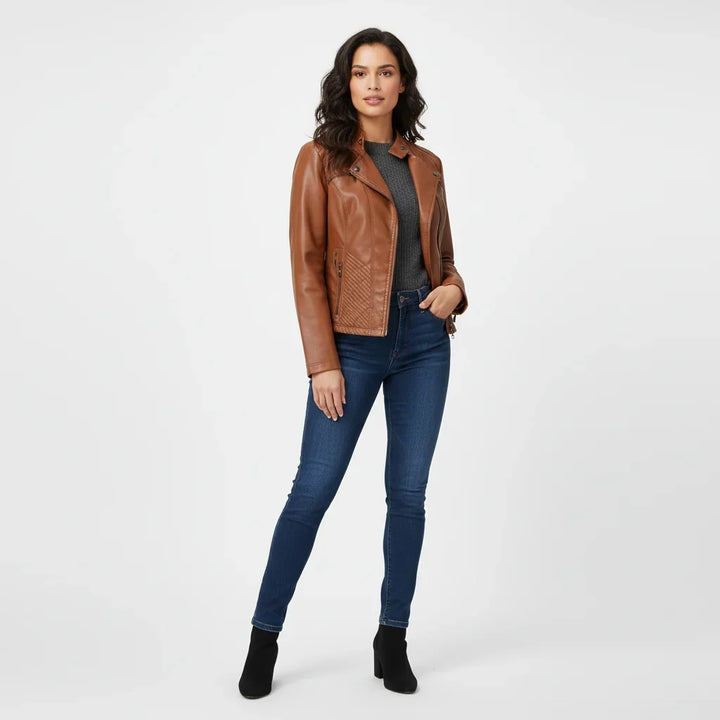 Philomene | Women's Leather Pocket Stand-Collar Zip-Front Jacket