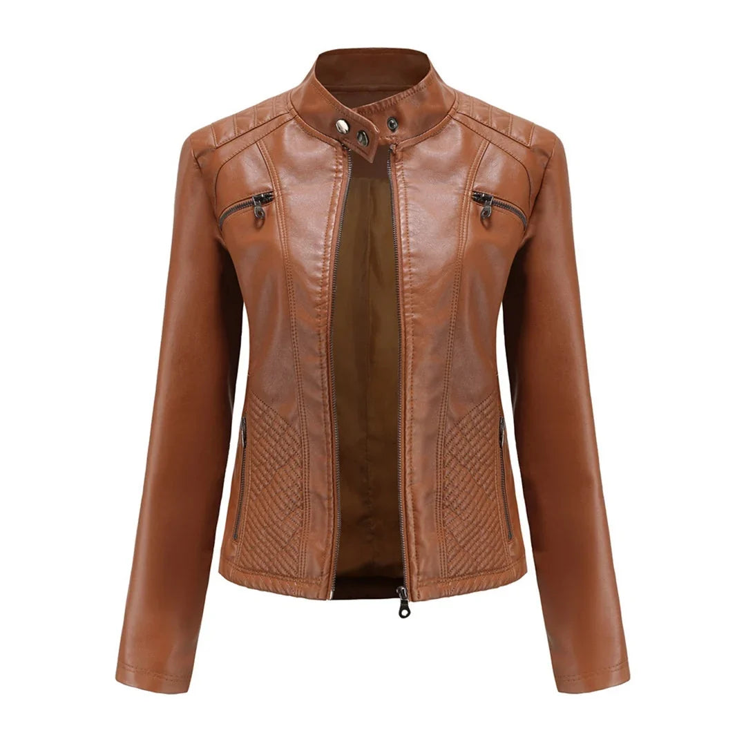 Philomene | Women's Leather Pocket Stand-Collar Zip-Front Jacket