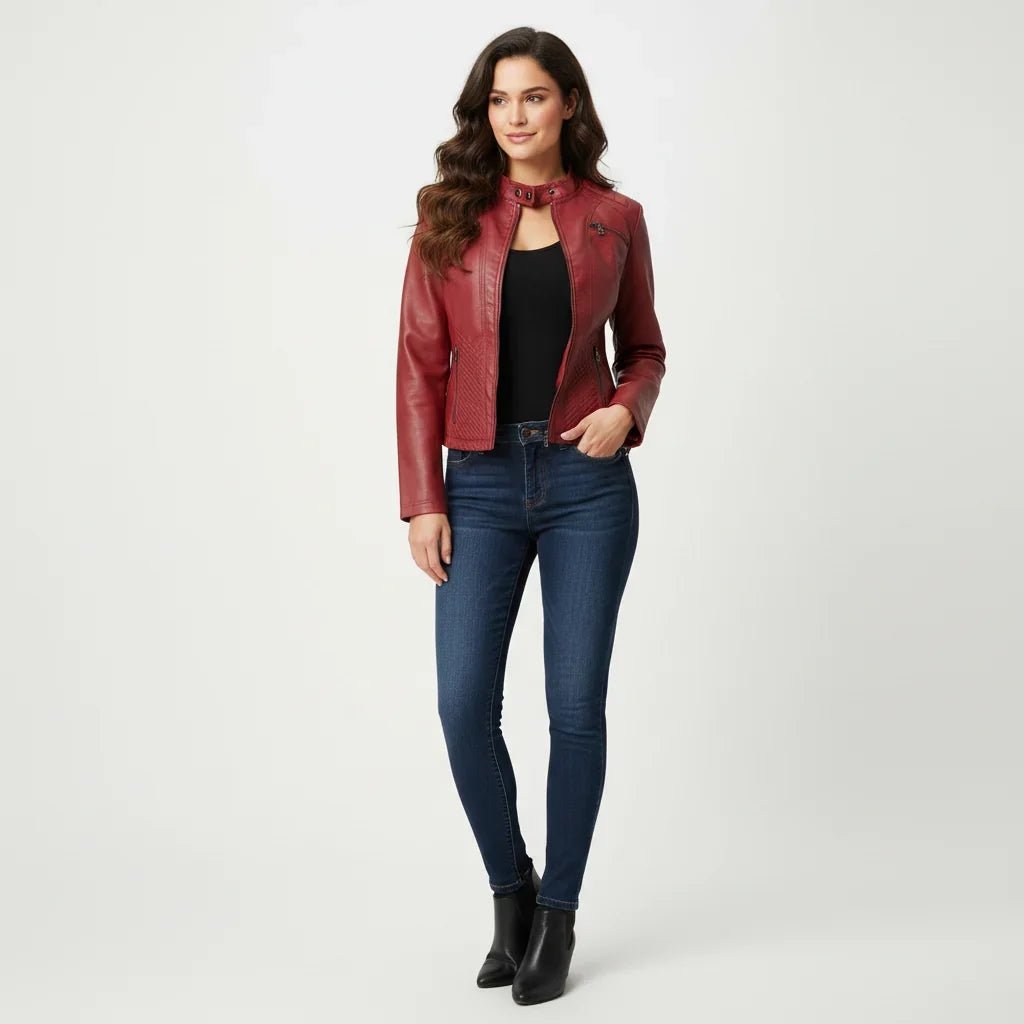 Philomene | Women's Leather Pocket Stand-Collar Zip-Front Jacket