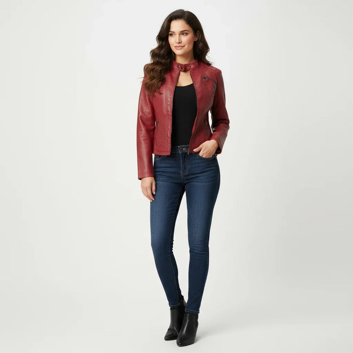 Philomene | Women's Leather Pocket Stand-Collar Zip-Front Jacket