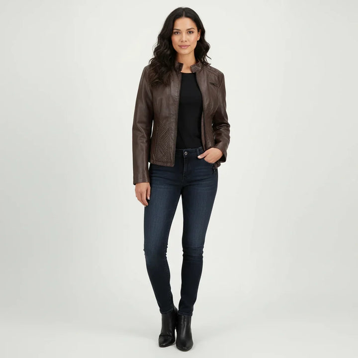 Philomene | Women's Leather Pocket Stand-Collar Zip-Front Jacket
