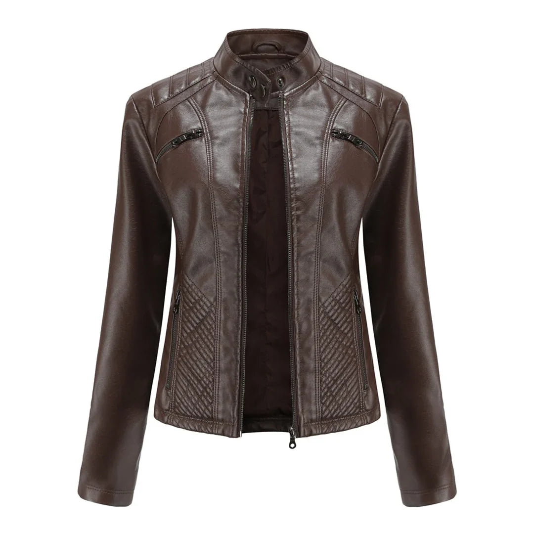 Philomene | Women's Leather Pocket Stand-Collar Zip-Front Jacket