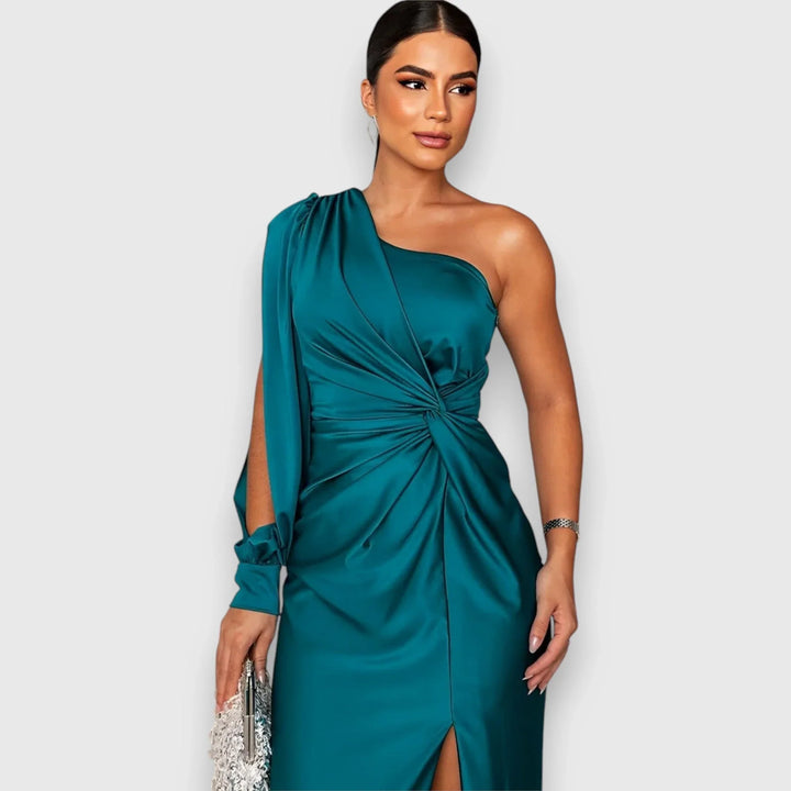 Ambre | Women's Satin Draped One-Shoulder Maxi Dress
