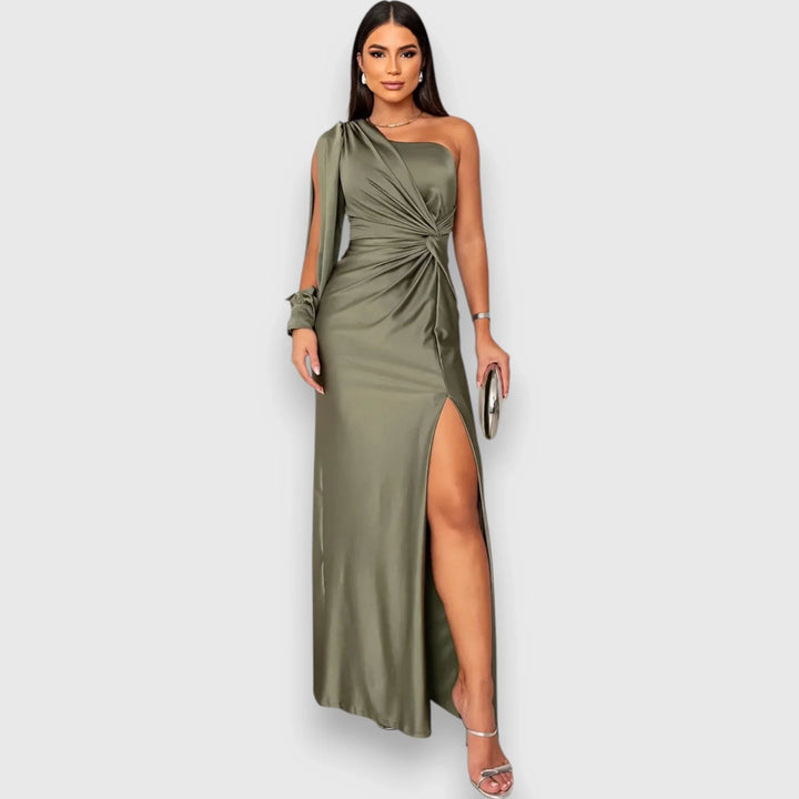 Ambre | Women's Satin Draped One-Shoulder Maxi Dress