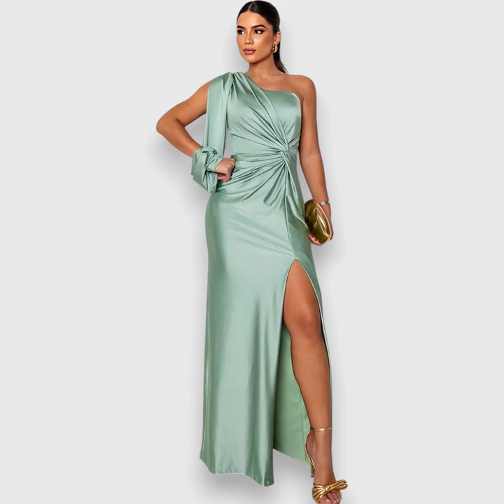 Ambre | Women's Satin Draped One-Shoulder Maxi Dress