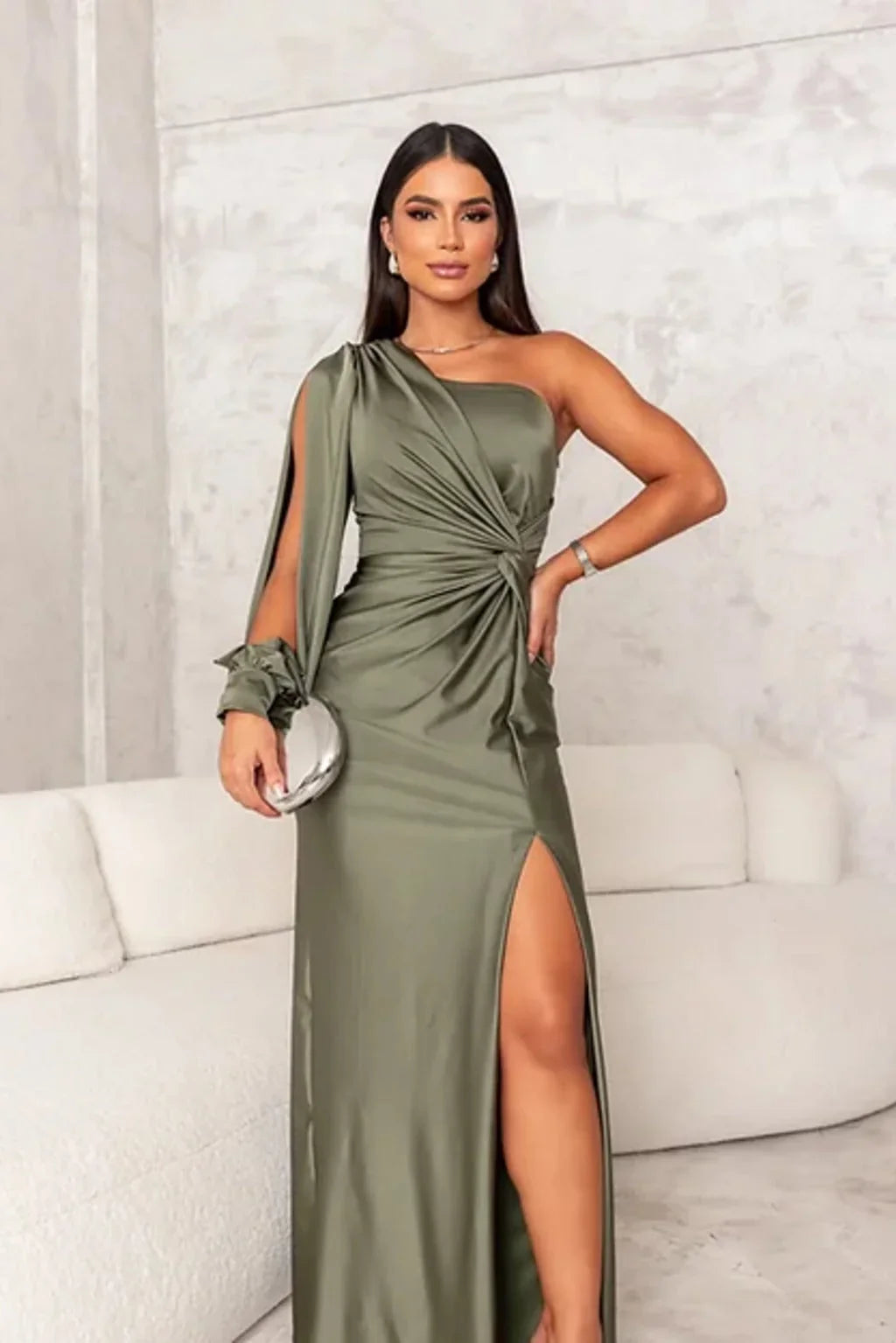 Thomasina | Women's Ruched One-Shoulder Long-Sleeve Maxi Dress