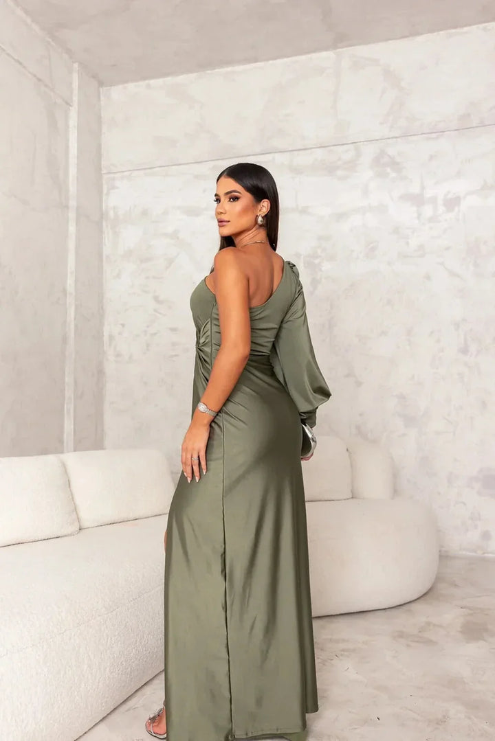 Thomasina | Women's Ruched One-Shoulder Long-Sleeve Maxi Dress