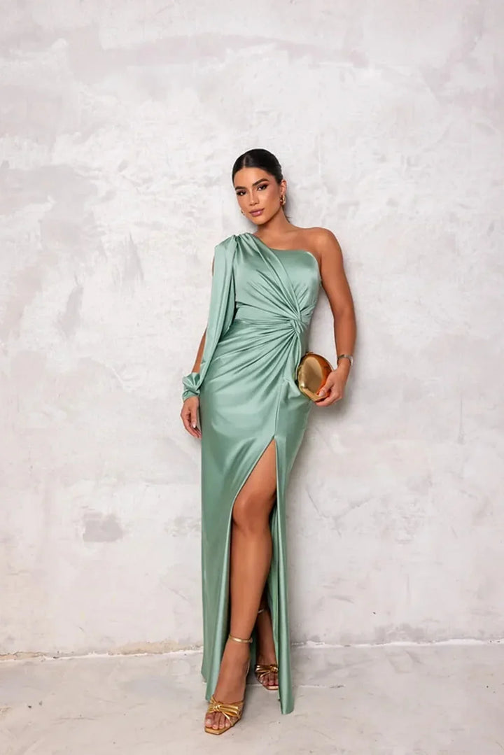Thomasina | Women's Ruched One-Shoulder Long-Sleeve Maxi Dress