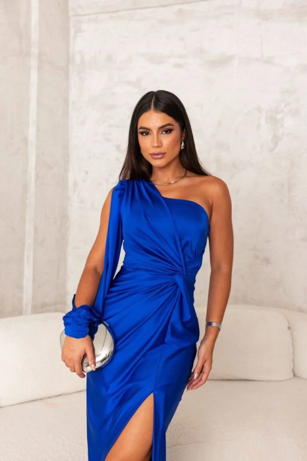 Thomasina | Women's Ruched One-Shoulder Long-Sleeve Maxi Dress