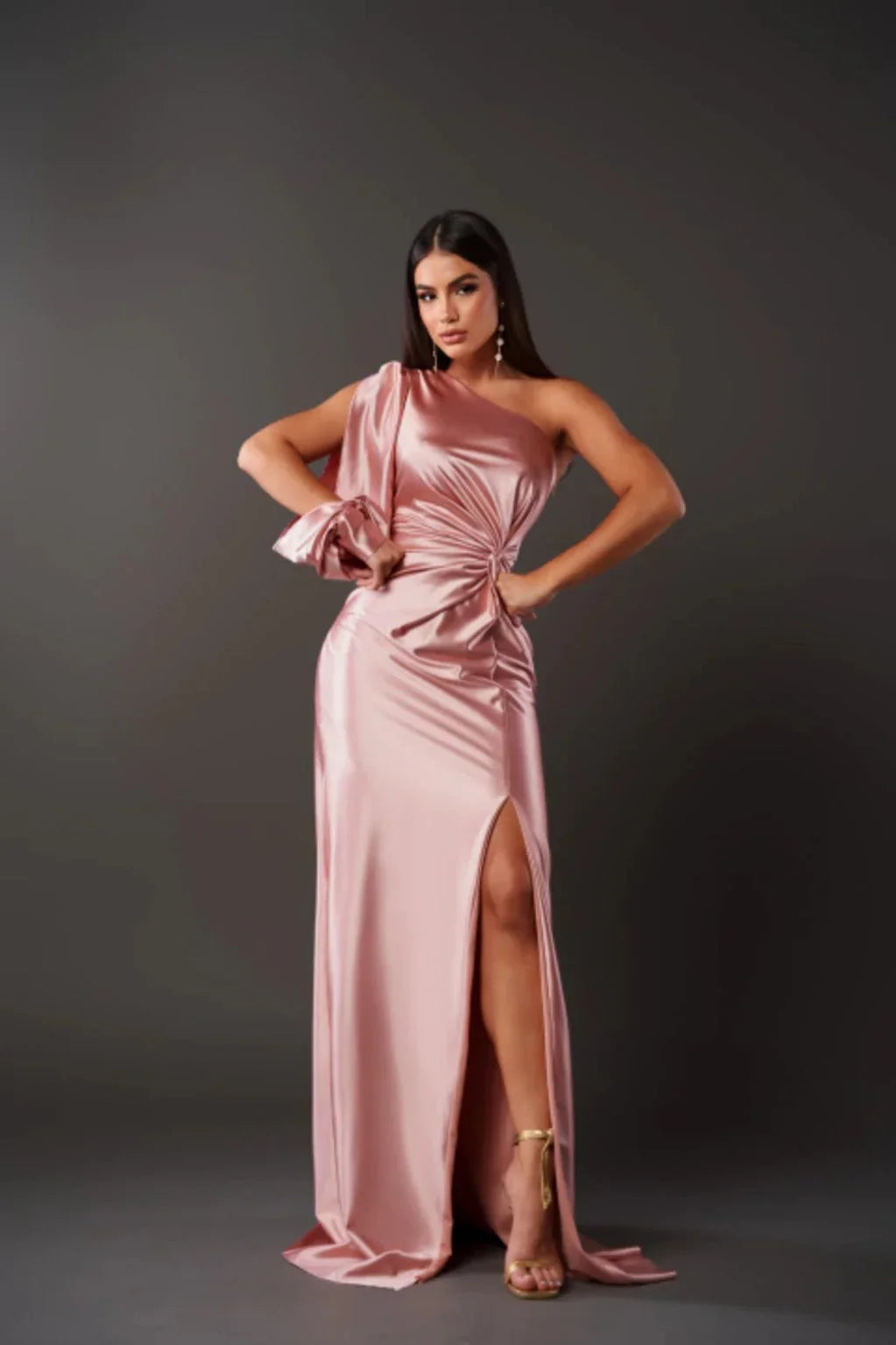 Thomasina | Women's Ruched One-Shoulder Long-Sleeve Maxi Dress