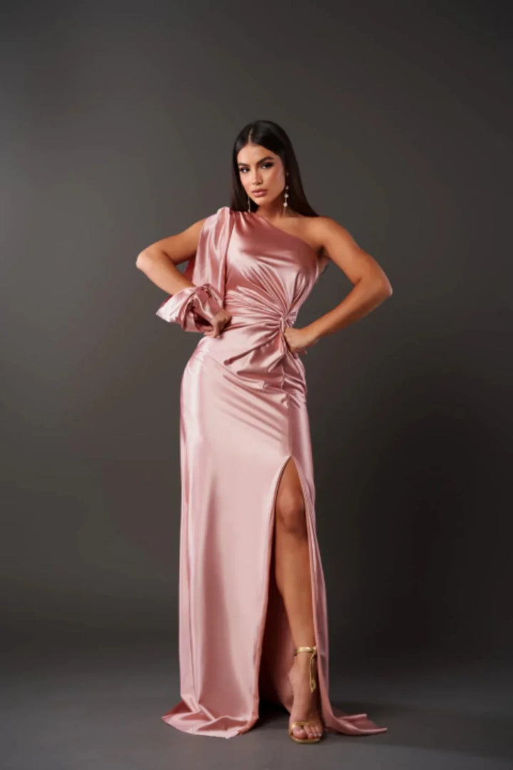Thomasina | Women's Ruched One-Shoulder Long-Sleeve Maxi Dress