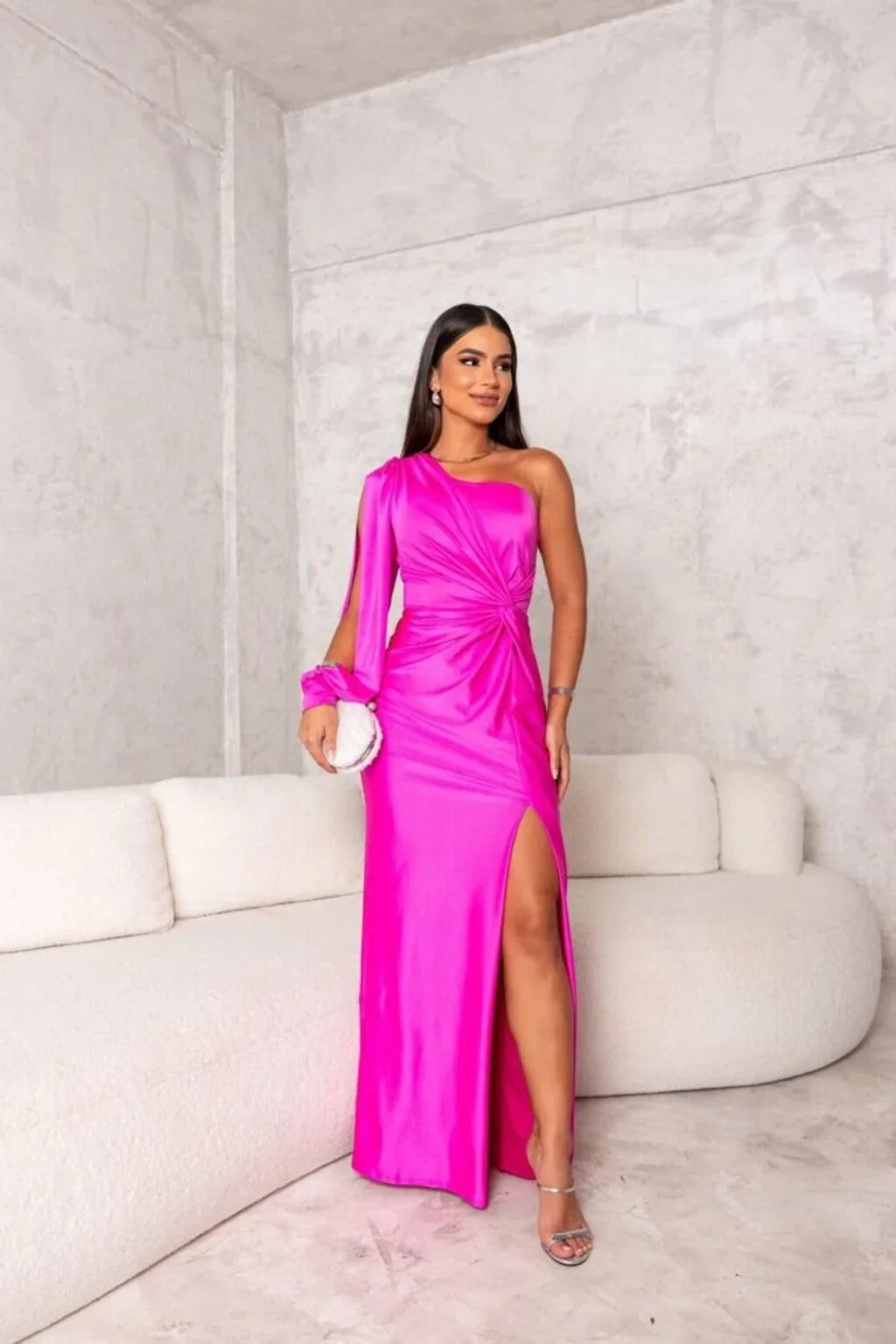 Thomasina | Women's Ruched One-Shoulder Long-Sleeve Maxi Dress