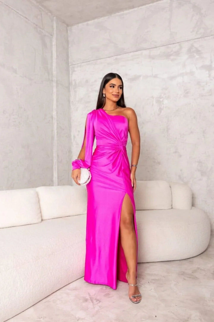 Thomasina | Women's Ruched One-Shoulder Long-Sleeve Maxi Dress