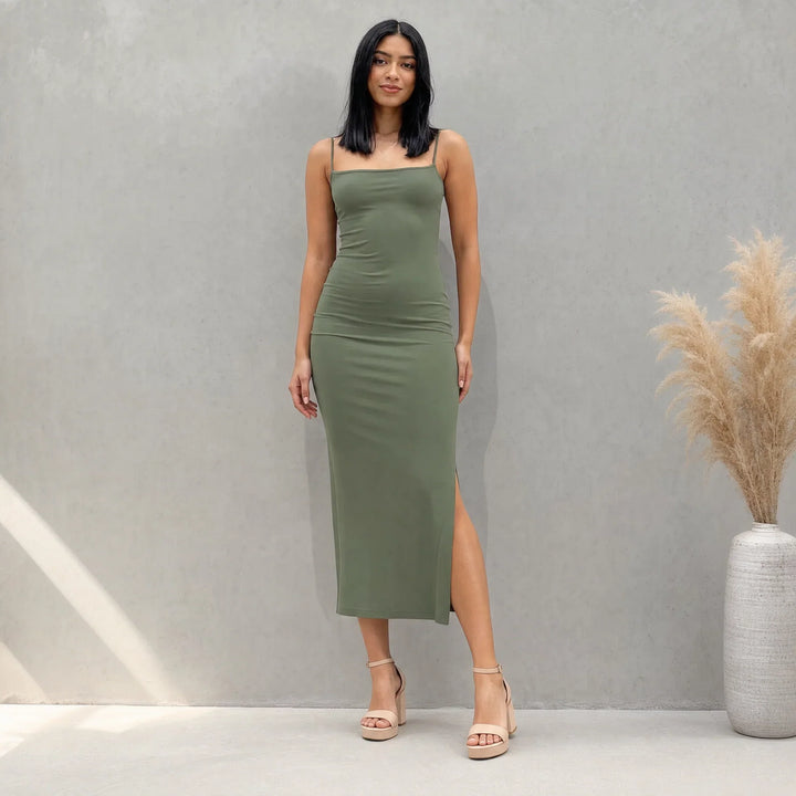 Axelle | Women's Satin Bodycon Square-Neck Spaghetti-Strap Dress