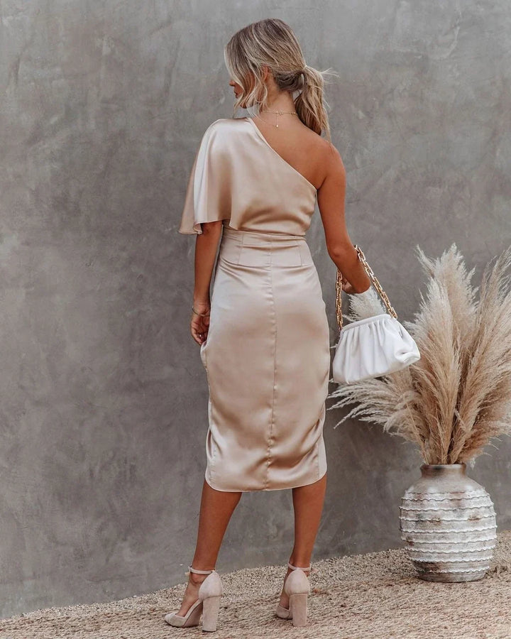 Therese | Women's Satin Ruched One-Shoulder Short-Sleeve Dress
