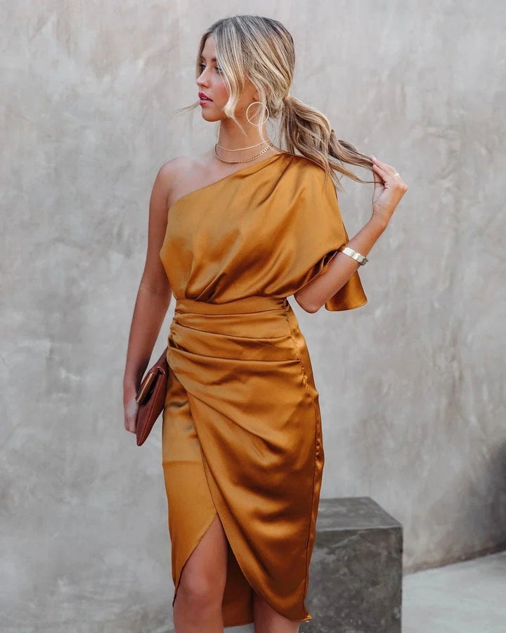 Therese | Women's Satin Ruched One-Shoulder Short-Sleeve Dress