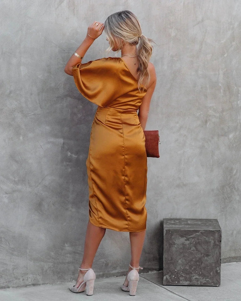 Therese | Women's Satin Ruched One-Shoulder Short-Sleeve Dress