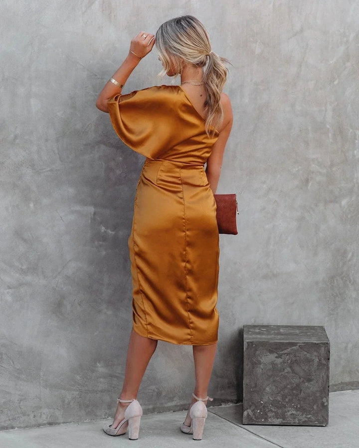 Therese | Women's Satin Ruched One-Shoulder Short-Sleeve Dress