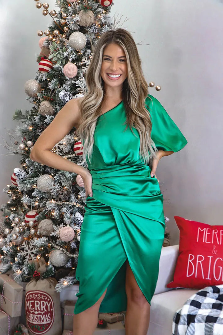 Therese | Women's Satin Ruched One-Shoulder Short-Sleeve Dress