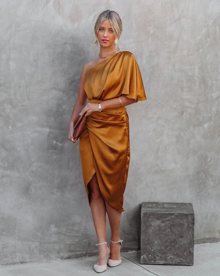 Therese | Women's Satin Ruched One-Shoulder Short-Sleeve Dress