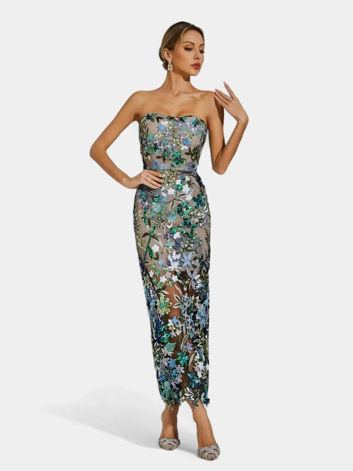 Gwendolyn | Women's Sequin Strapless Floral Maxi Dress