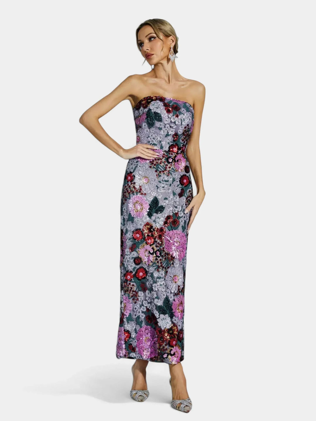 Gwendolyn | Women's Sequin Strapless Floral Maxi Dress