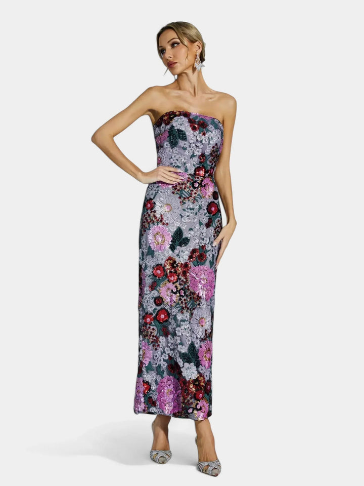 Gwendolyn | Women's Sequin Strapless Floral Maxi Dress