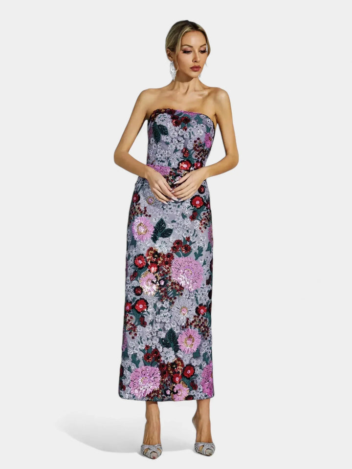 Gwendolyn | Women's Sequin Strapless Floral Maxi Dress
