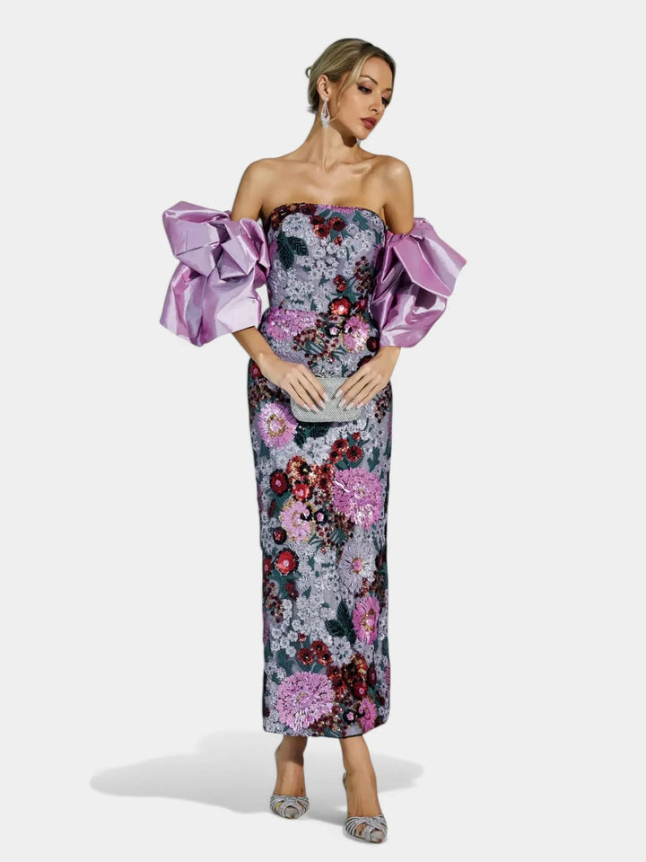 Gwendolyn | Women's Sequin Strapless Floral Maxi Dress