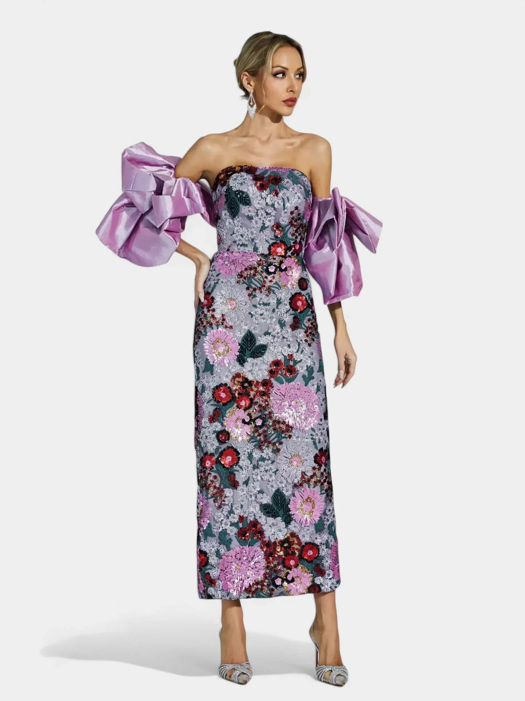 Gwendolyn | Women's Sequin Strapless Floral Maxi Dress