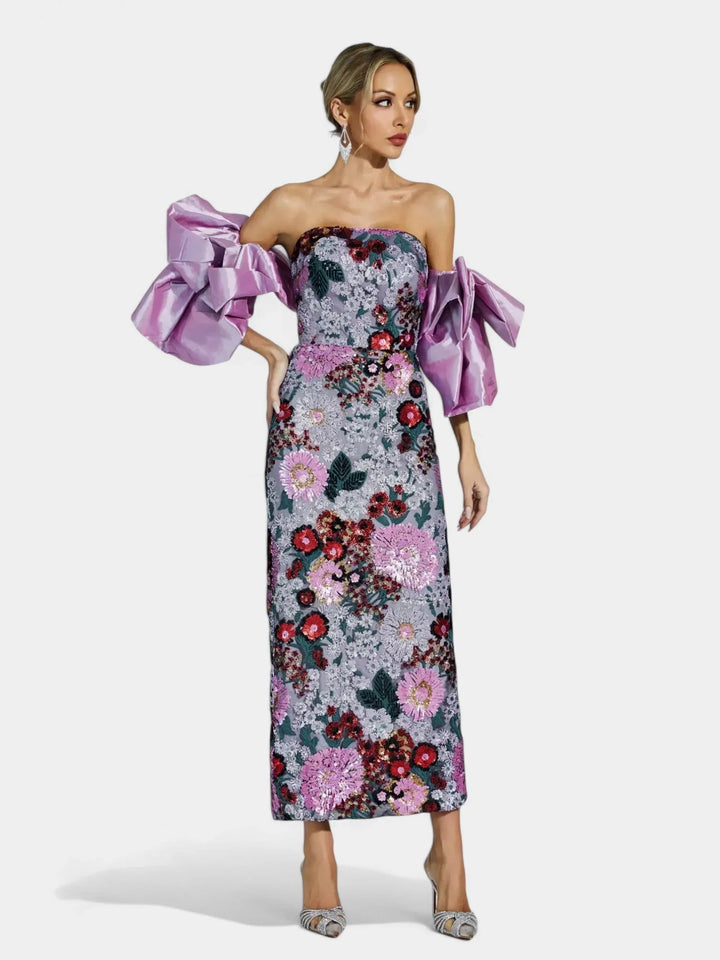 Gwendolyn | Women's Sequin Strapless Floral Maxi Dress