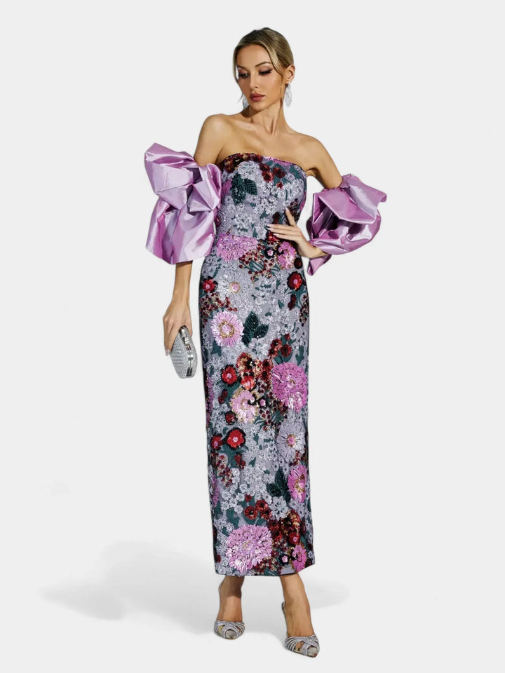 Gwendolyn | Women's Sequin Strapless Floral Maxi Dress