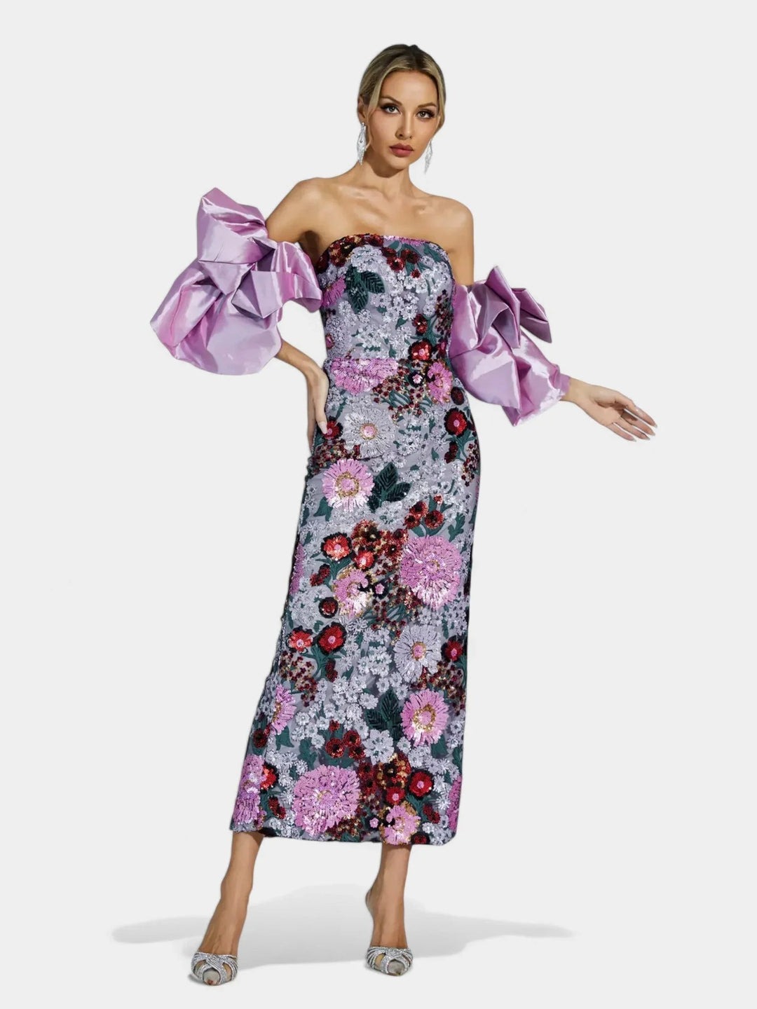 Gwendolyn | Women's Sequin Strapless Floral Maxi Dress