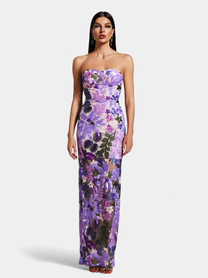 Gwendolyn | Women's Sequin Strapless Floral Maxi Dress