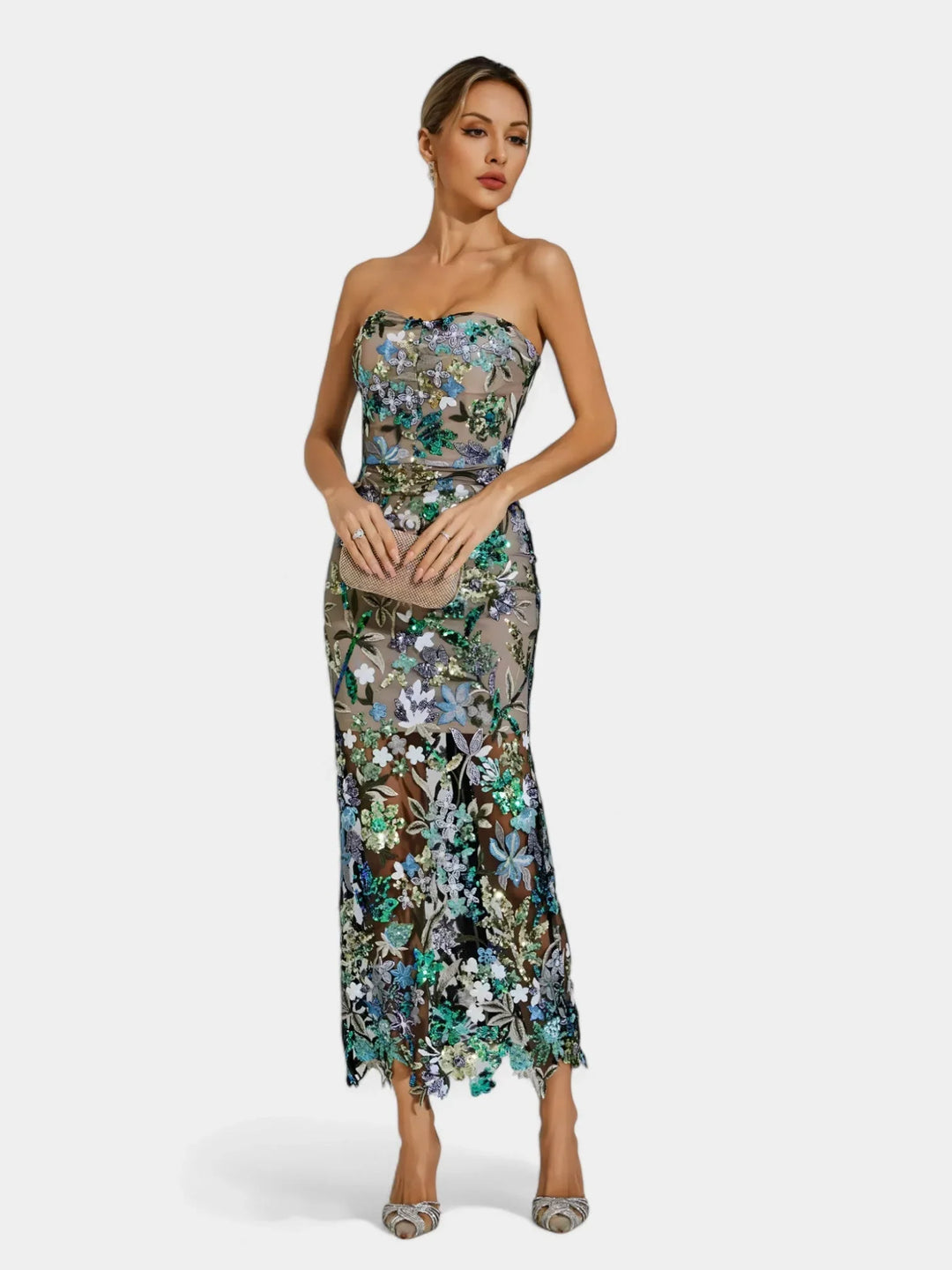 Gwendolyn | Women's Sequin Strapless Floral Maxi Dress