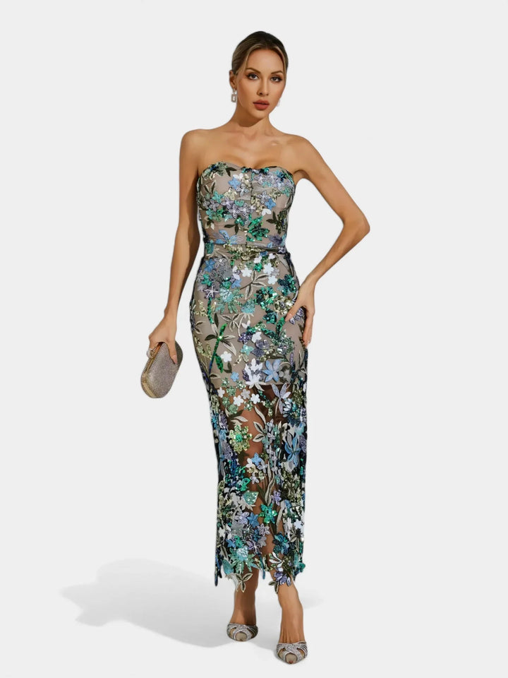 Gwendolyn | Women's Sequin Strapless Floral Maxi Dress