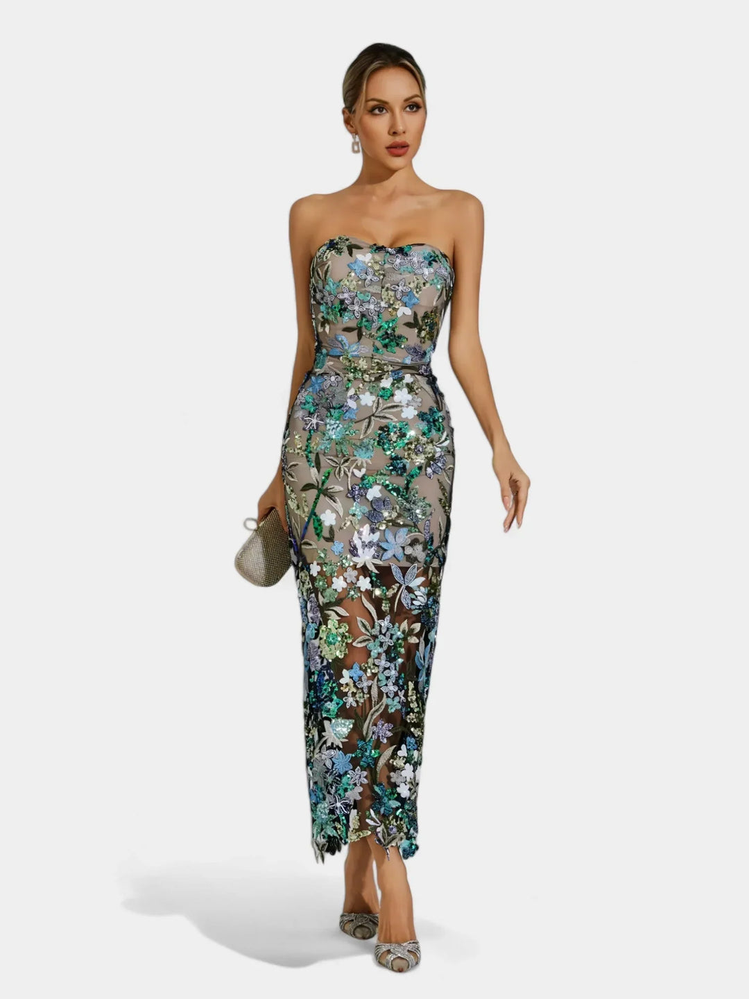 Gwendolyn | Women's Sequin Strapless Floral Maxi Dress