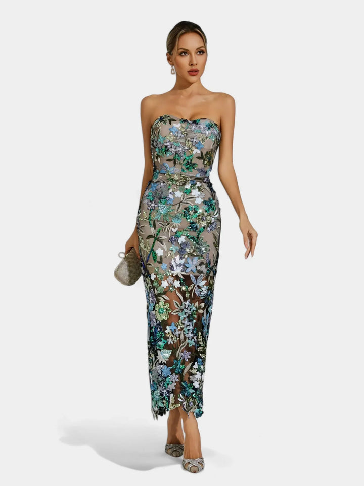 Gwendolyn | Women's Sequin Strapless Floral Maxi Dress