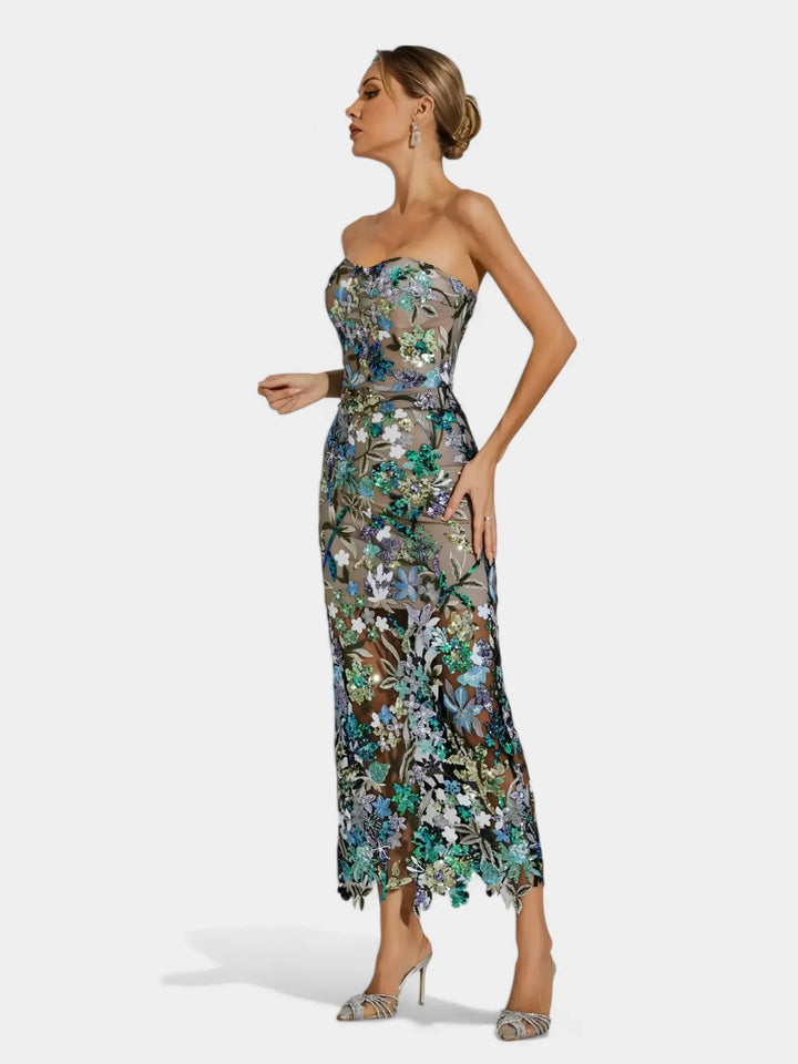 Gwendolyn | Women's Sequin Strapless Floral Maxi Dress