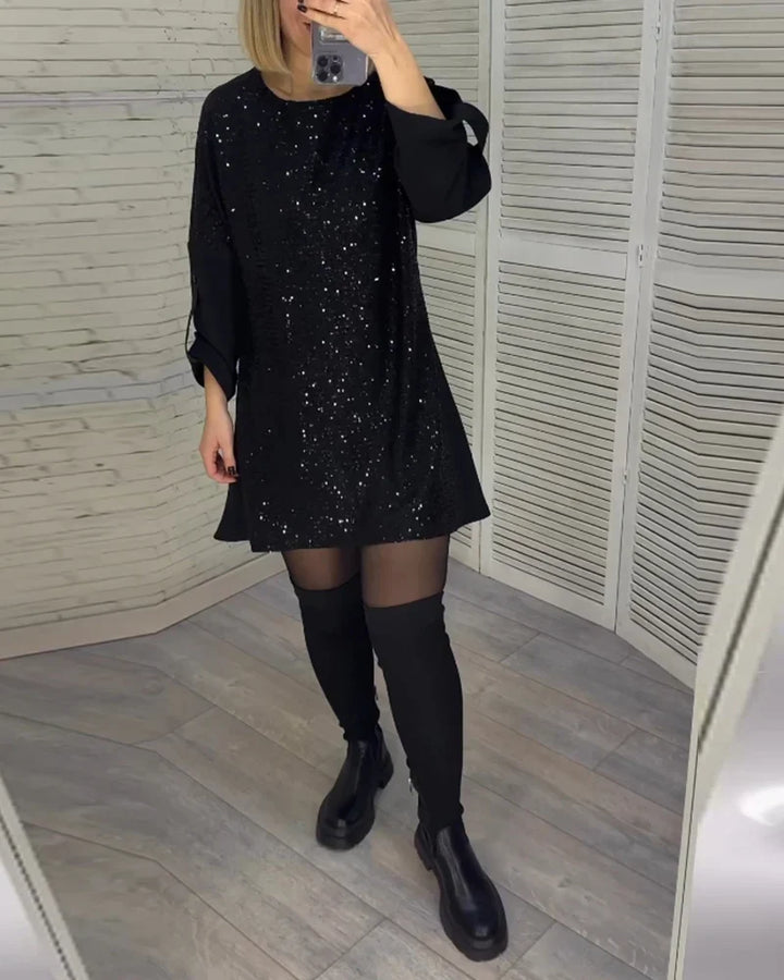 Monique | Women's Sequin Shift Crew-Neck Long-Sleeve Dress