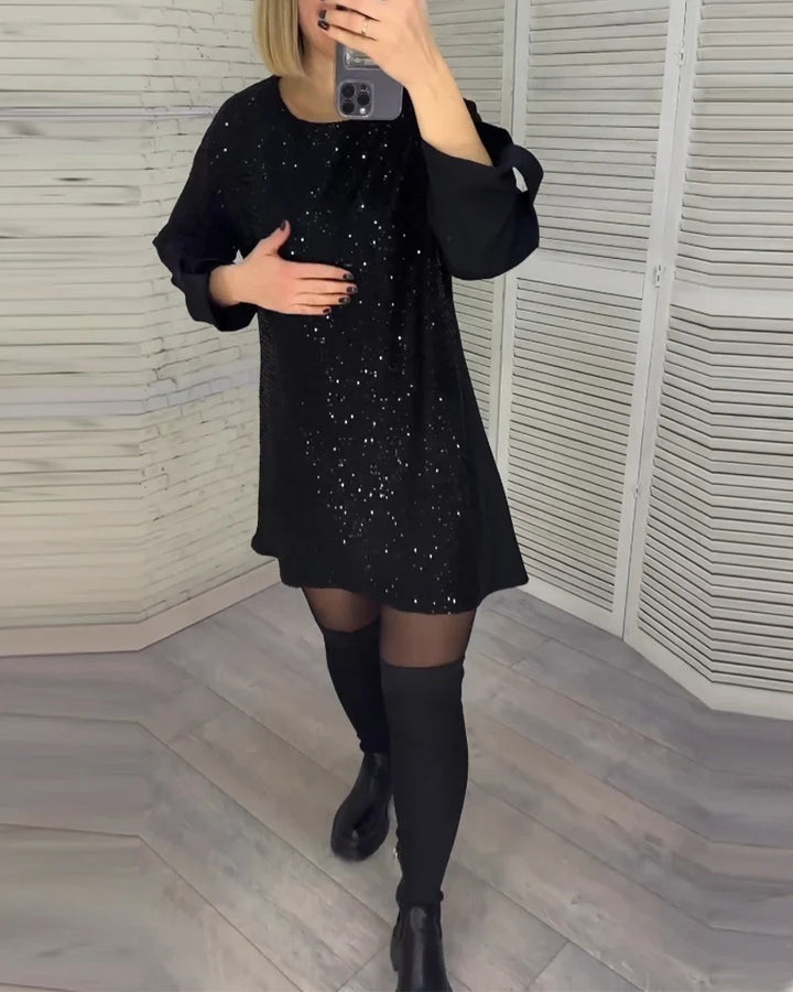 Monique | Women's Sequin Shift Crew-Neck Long-Sleeve Dress