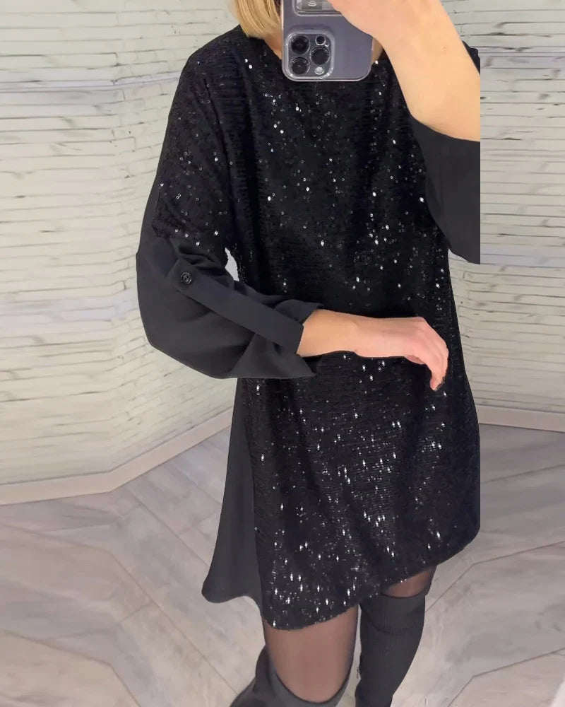 Monique | Women's Sequin Shift Crew-Neck Long-Sleeve Dress