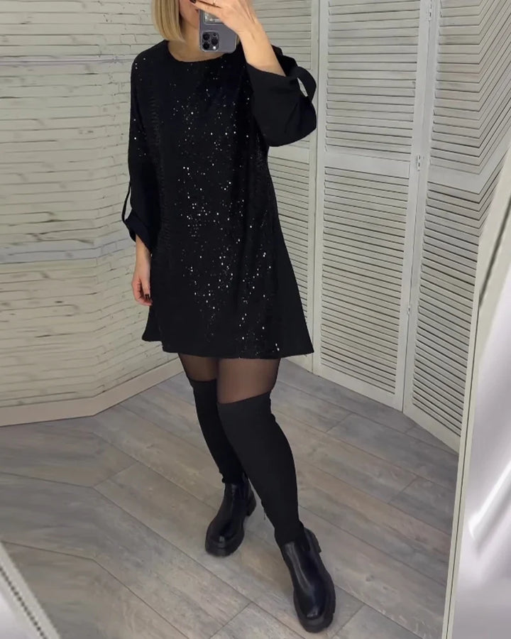 Monique | Women's Sequin Shift Crew-Neck Long-Sleeve Dress