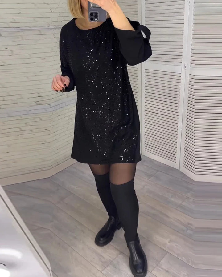Monique | Women's Sequin Shift Crew-Neck Long-Sleeve Dress