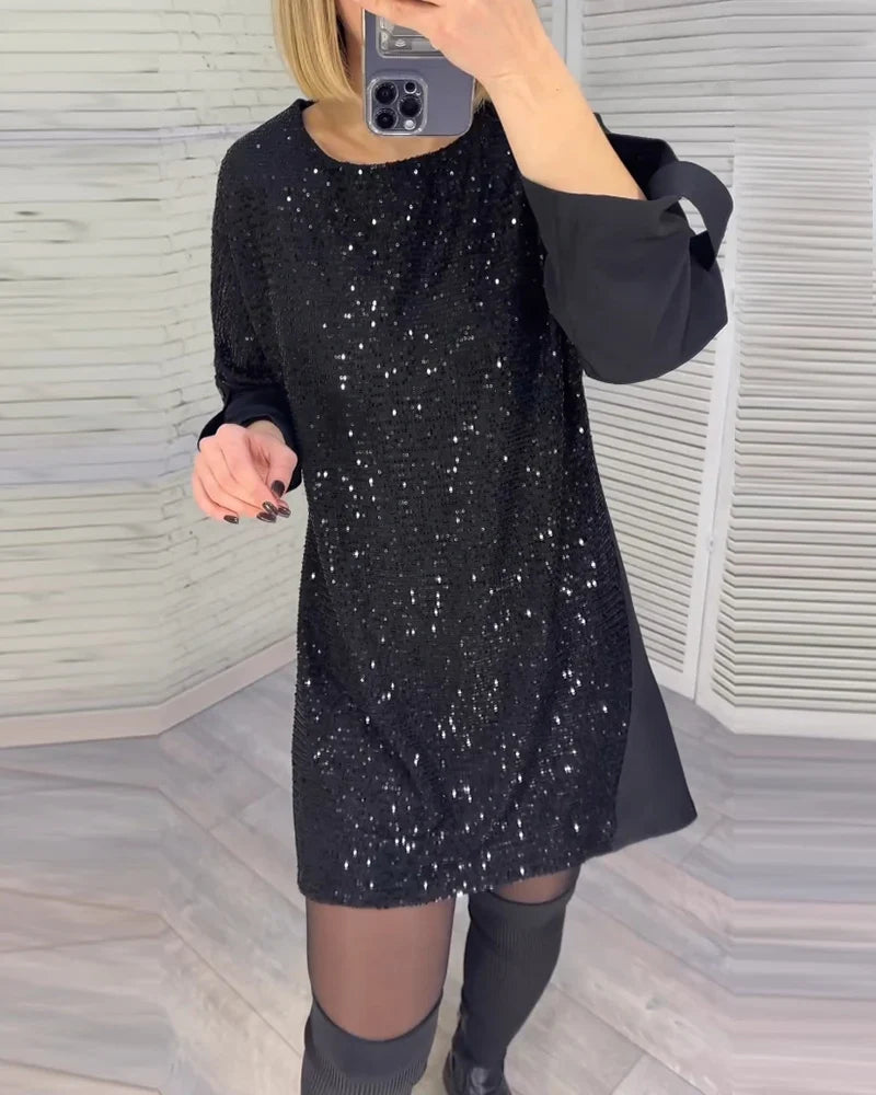 Monique | Women's Sequin Shift Crew-Neck Long-Sleeve Dress
