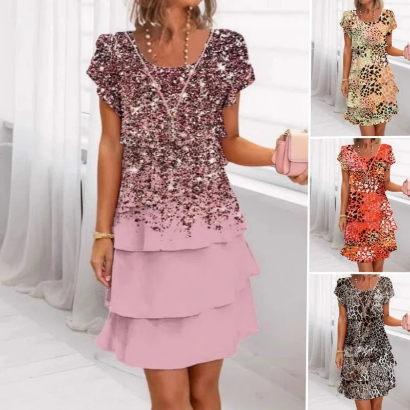 Liesel | Women's Sequin Tiered Scoop-Neck Flutter-Sleeve Dress