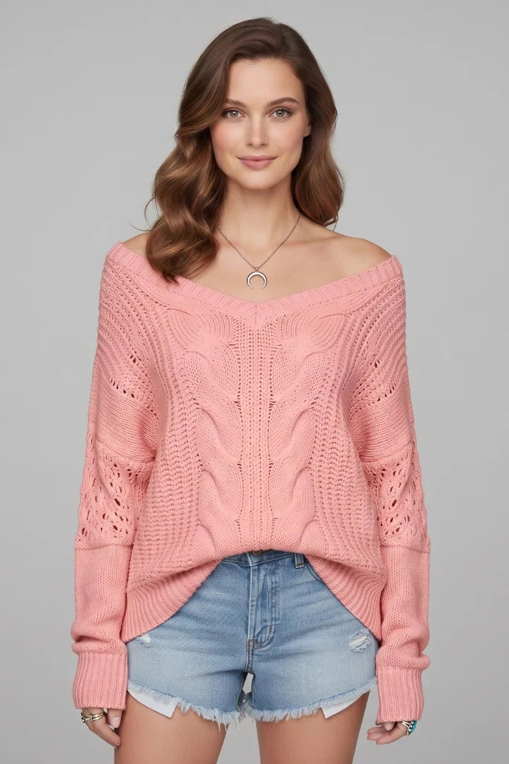 Morgane | Women's Cable-Knit V-Neck Long-Sleeve Oversized Sweater