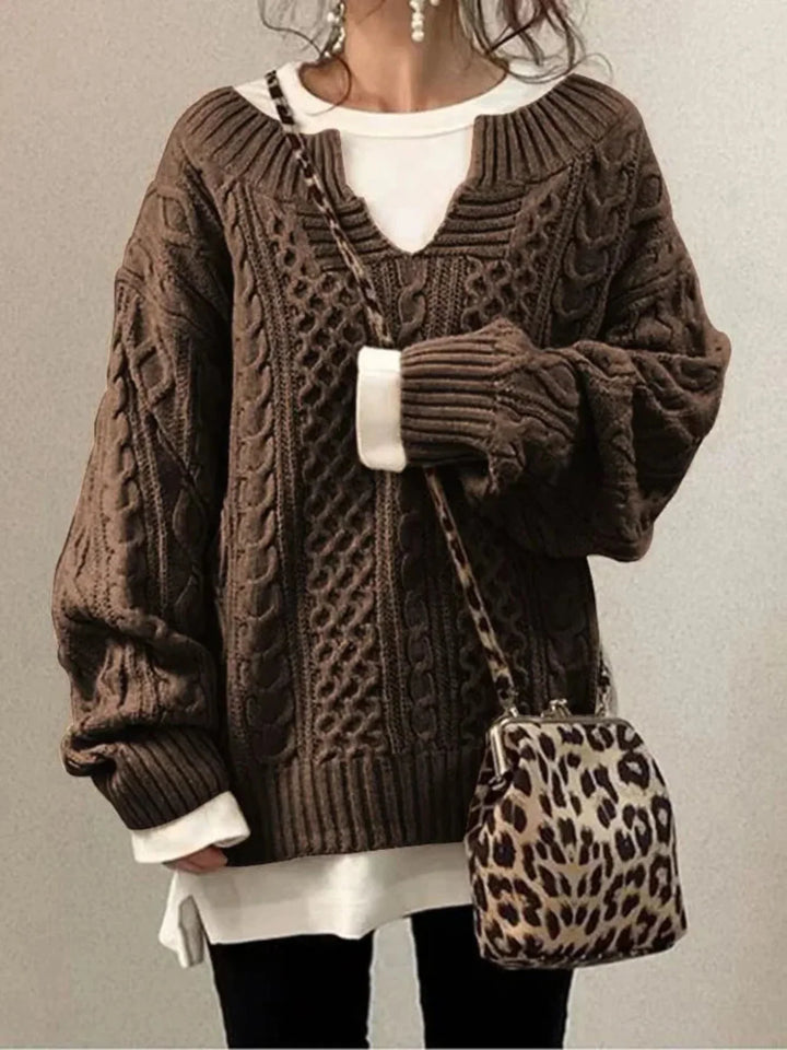 Olympe | Women's Cable-Knit V-Neck Long-Sleeve Relaxed Cardigan